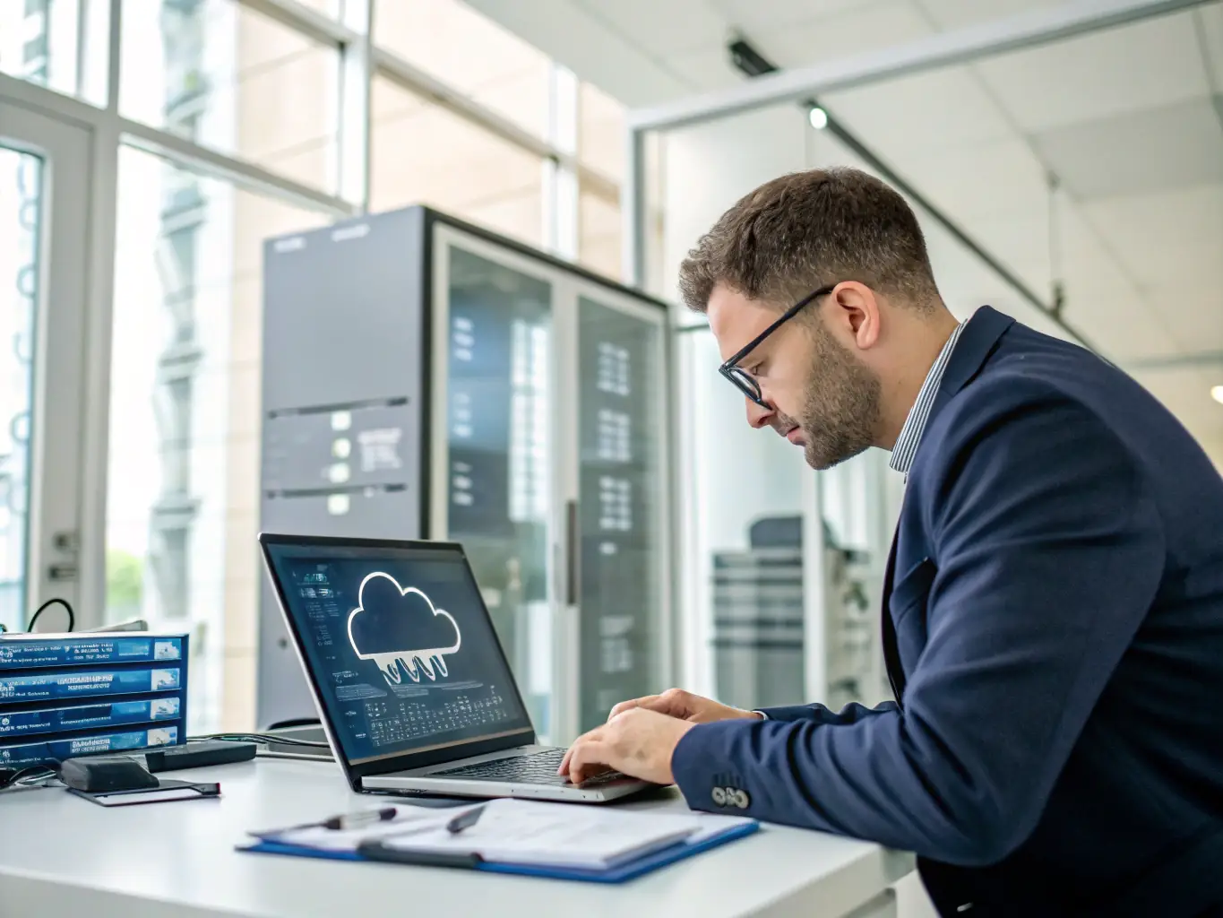 A professional working on an Azure cloud deployment, showcasing the scalability and flexibility of the platform.