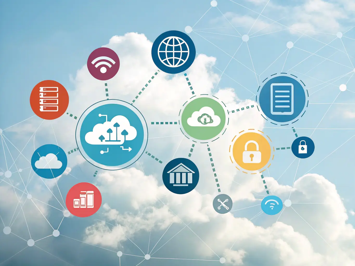 A visual representation of Azure's cloud services, including virtual machines, Azure SQL Database, and Azure Active Directory, emphasizing their role in enterprise cloud solutions.
