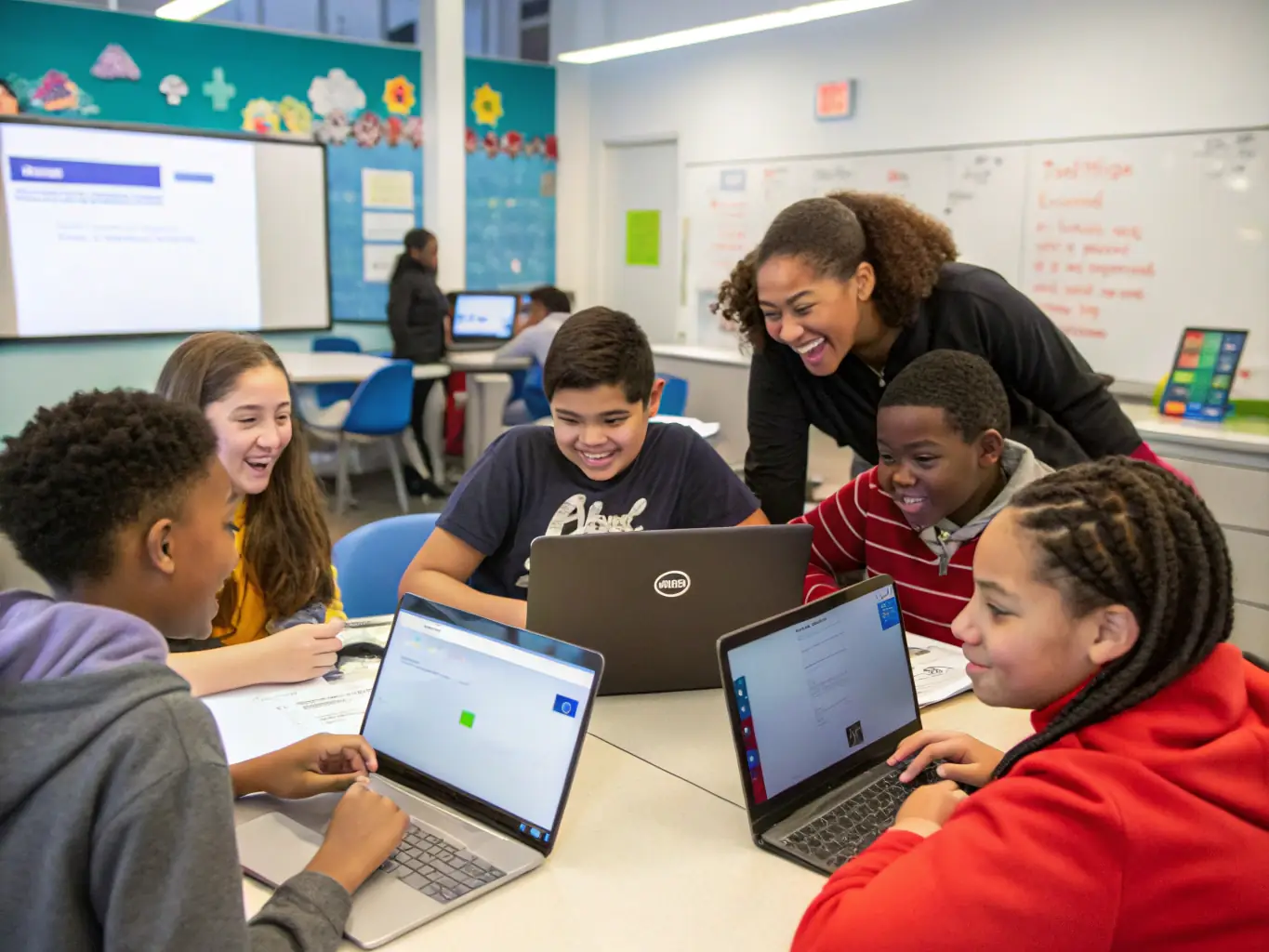A classroom setting with students actively participating in an AWS cloud computing training session, focusing on serverless architecture.