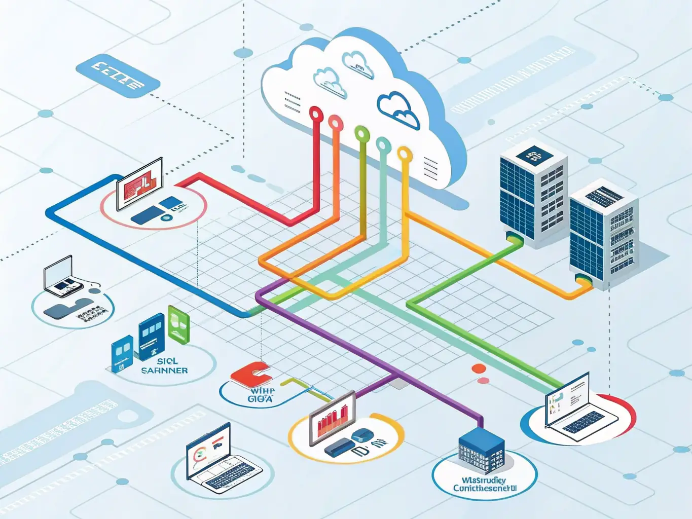 A detailed illustration of AWS cloud infrastructure, showcasing various services like EC2, S3, and Lambda, with a focus on their integration and functionality within a training context.