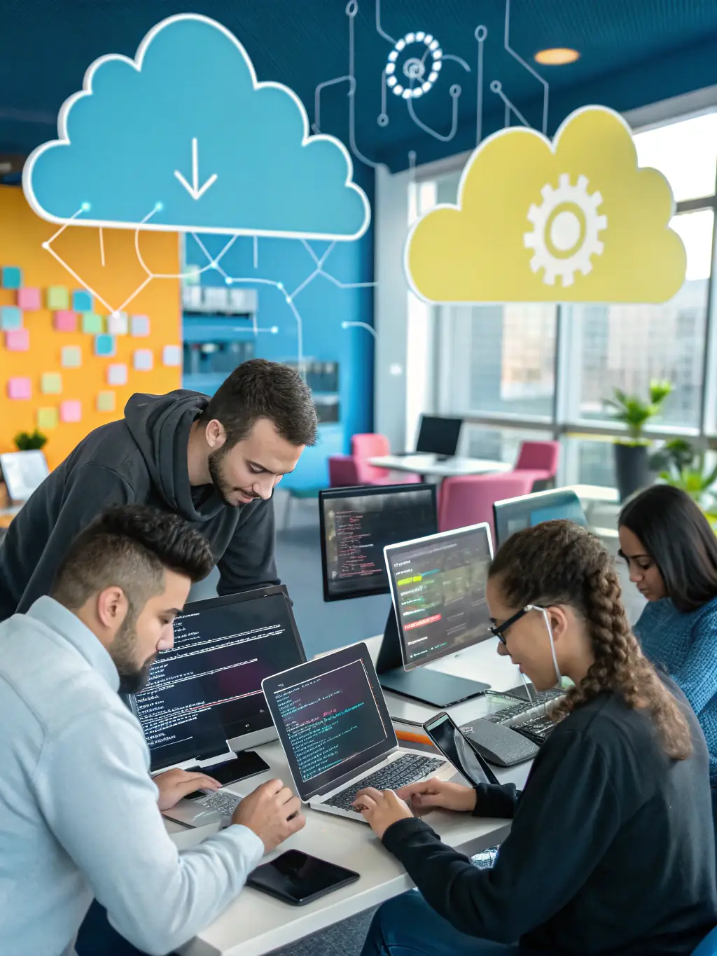 A graphic illustrating the AWS Developer Associate certification, showing code snippets and cloud icons, emphasizing the development aspects of the AWS platform, with a London skyline in the background.