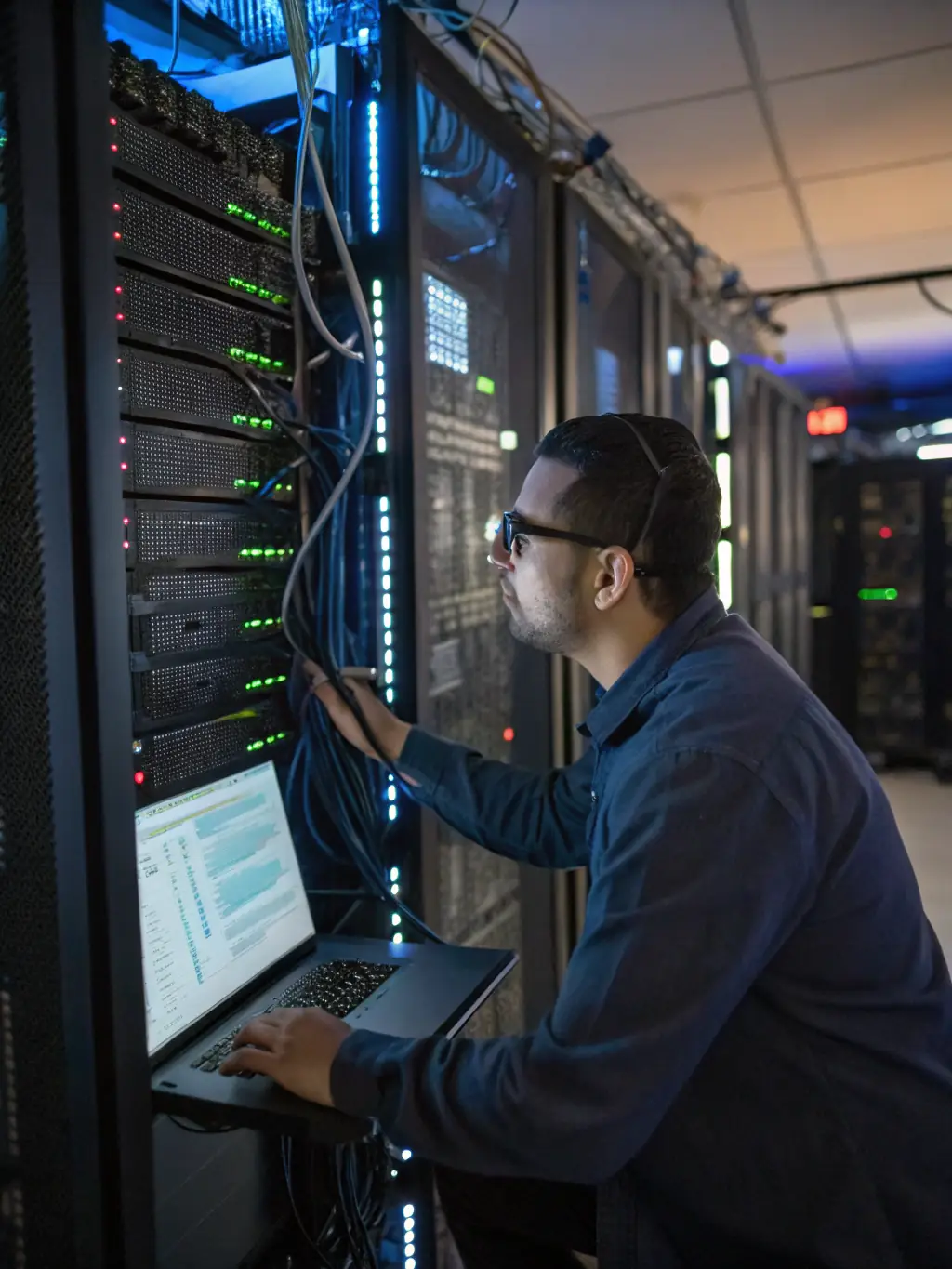 A professional in a suit stands confidently in front of a server rack, representing a Cloud Architect role, with a focus on AWS infrastructure.