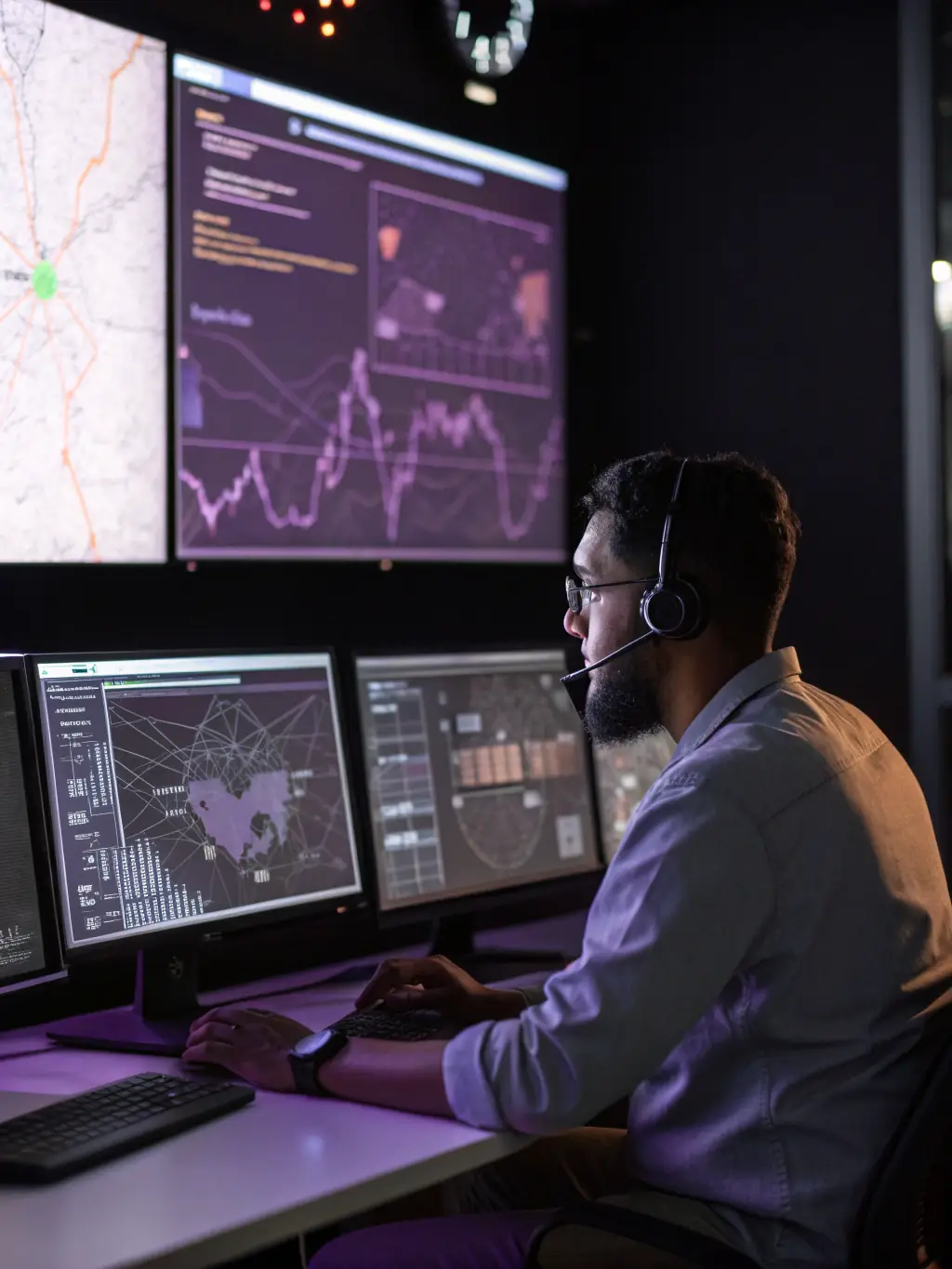 A security professional analyzing network traffic on a monitor, representing a Cloud Security Specialist protecting AWS environments.