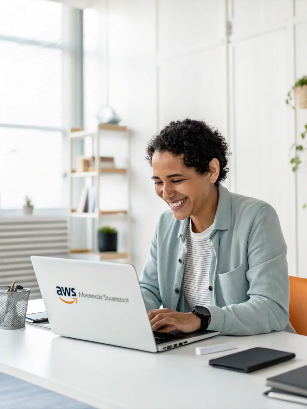 A person working on a laptop with AWS Management Console displayed, symbolizing a DevOps Engineer automating deployments.
