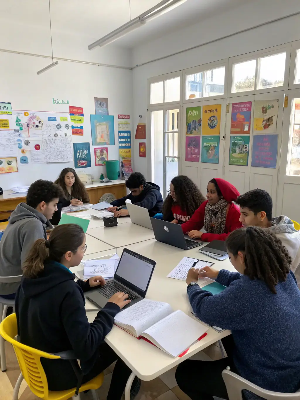 An image of a diverse group of students collaborating on a cloud project, using laptops with AWS Management Console displayed, in a modern classroom setting in the UK.