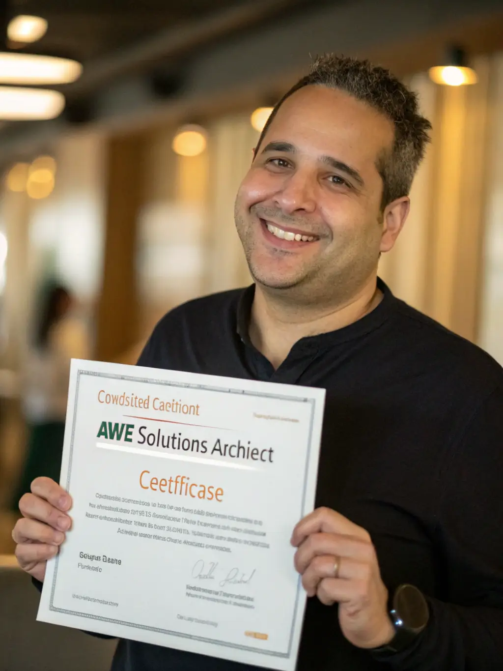 A focused image of an AWS Certified Solutions Architect badge, symbolizing expertise and validation in AWS architecture, set against a background of a modern office in London.